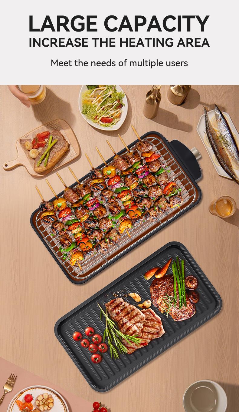 Electric Indoor Grill 1500W -2 in 1 Smokeless Indoor Grill for Kitchen with Non-stick Removable Grill & Griddle Plate,Temperature Control Korean BBQ Grill with 3 Cheese Pans Dishwasher Safe