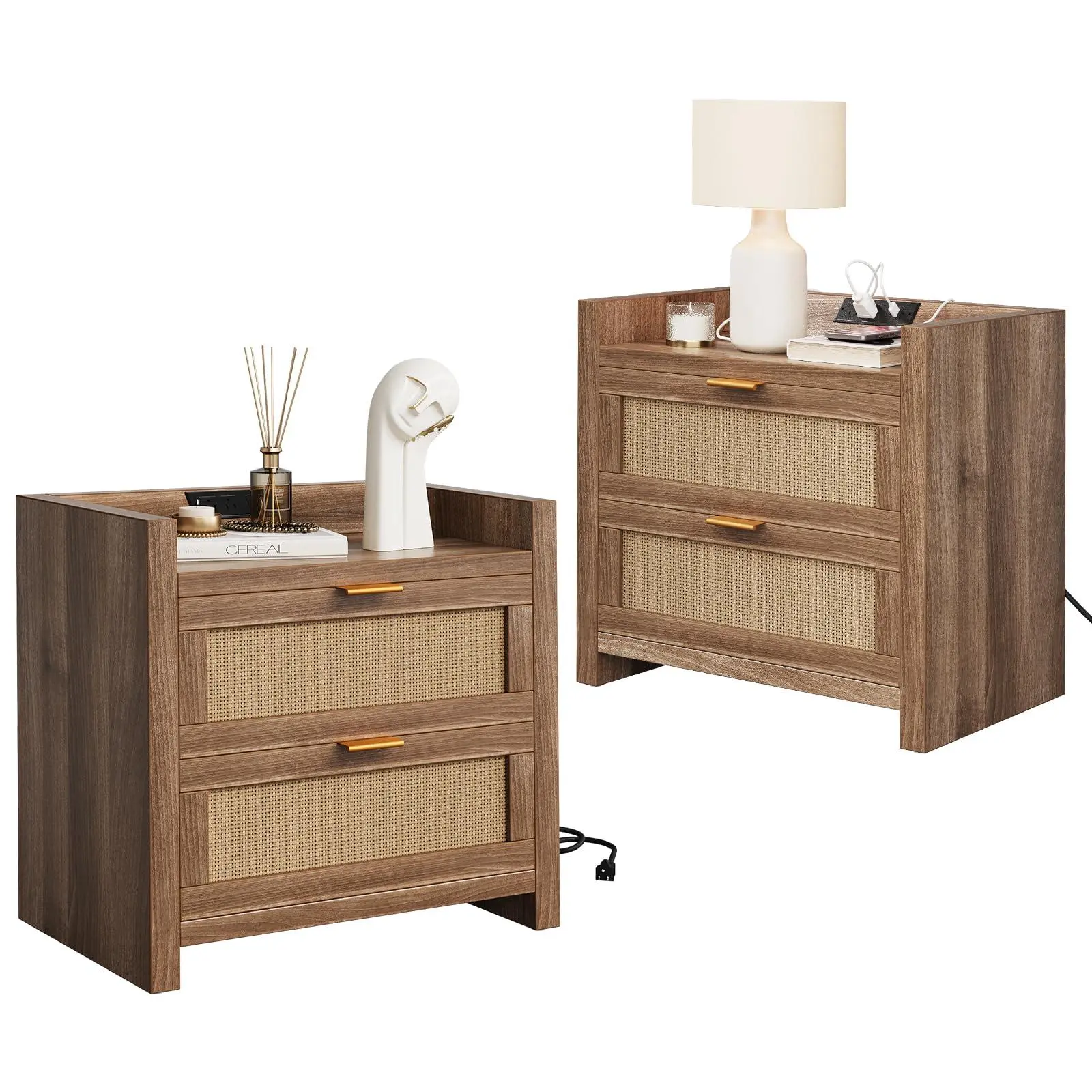 Walnut 2-Piece Rattan Side Tables Set, Modern Furniture with Charging Port Baffle, 2 Decorated Drawers & Storage, Bohemian MDF Board Nightstands for Bedroom