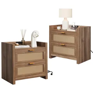 Night Stand Set of 2, Rattan Nightstands with Charging Station, Boho Bed Side Tables with 2 Drawers, Modern Night Stand for Bedroom, Study, Living Room, Walnut
