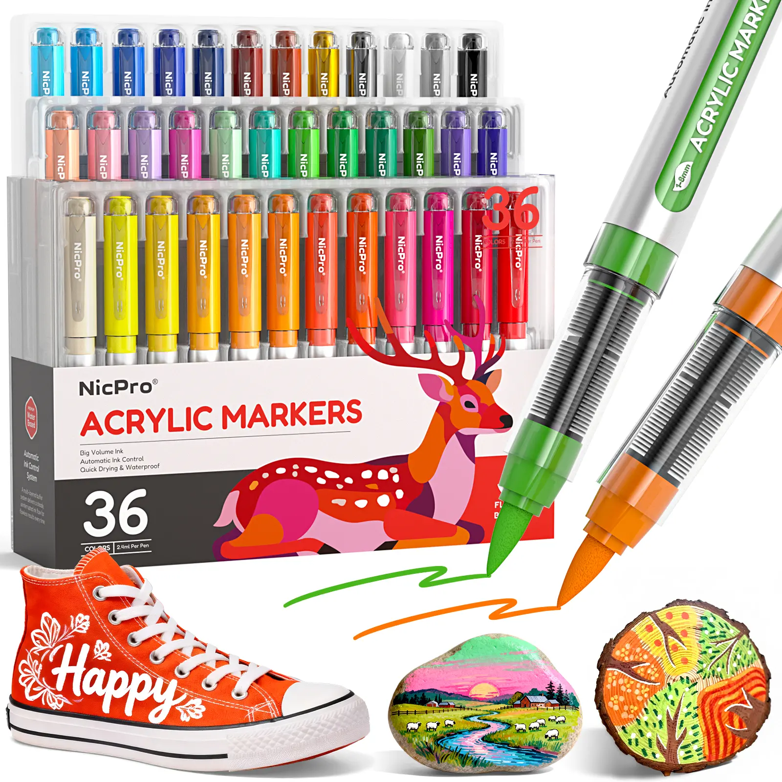 Nicpro Acrylic Paint Markers Brush Tip, Water-Based No-Bleed Paint Markers with Automatic Ink Control, Waterproof Acrylic Paint Pens for Easter DIY Art & Crafts – Eggs, Rock, Glass, Fabric