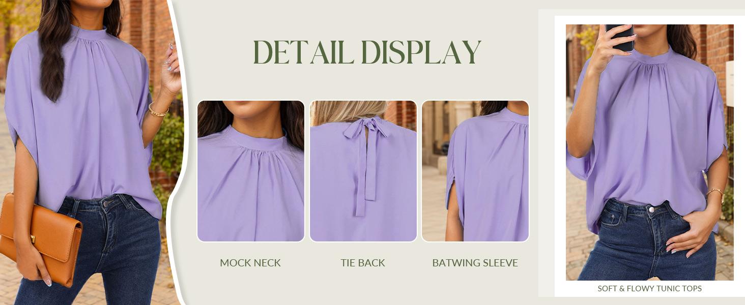 ZEAGOO Womens Blouses Dressy Casual Mock Neck Batwing Sleeve Tops Loose Fit Tie Back Summer Tunic Tops