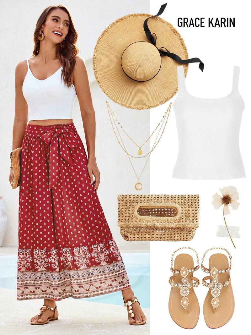 Grace Karin Women Elastic Waist Flared Pants Casual Full Length Bell-Bottoms