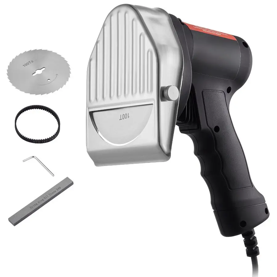 VEVOR Ergonomic Electric Shawarma Gyro Cutter Knives - 80W Powerful Motor Commercial Stainless Steel Tool, 2 4/100mm Replaceable Blades, 0-8mm Adjustable Thickness, Anti-Slip Surface, External Cord, Screwdriver (Father's Day Gift), 2 Blades, Meat Cutting