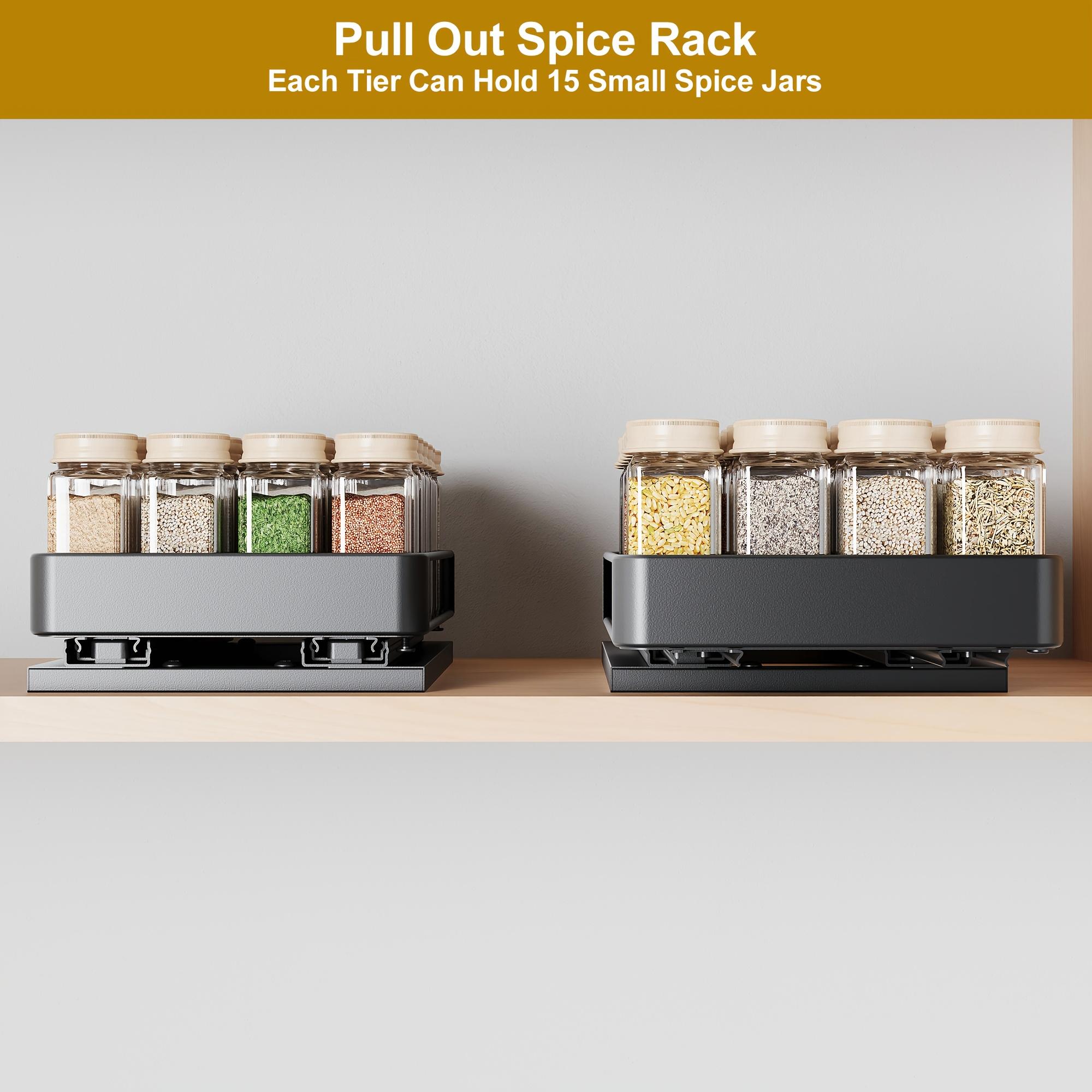 2pcs Cabinet Pull Out Spice Rack, Rust Proof Under Cabinet Spice Bottle Stainless Steel Organizer, Adjustable L Shaped Spice Rack Storage Counter, Double Rail Spice Organizer, Sliding Design, Kitchen Accessories, Space Saving DesignDesign