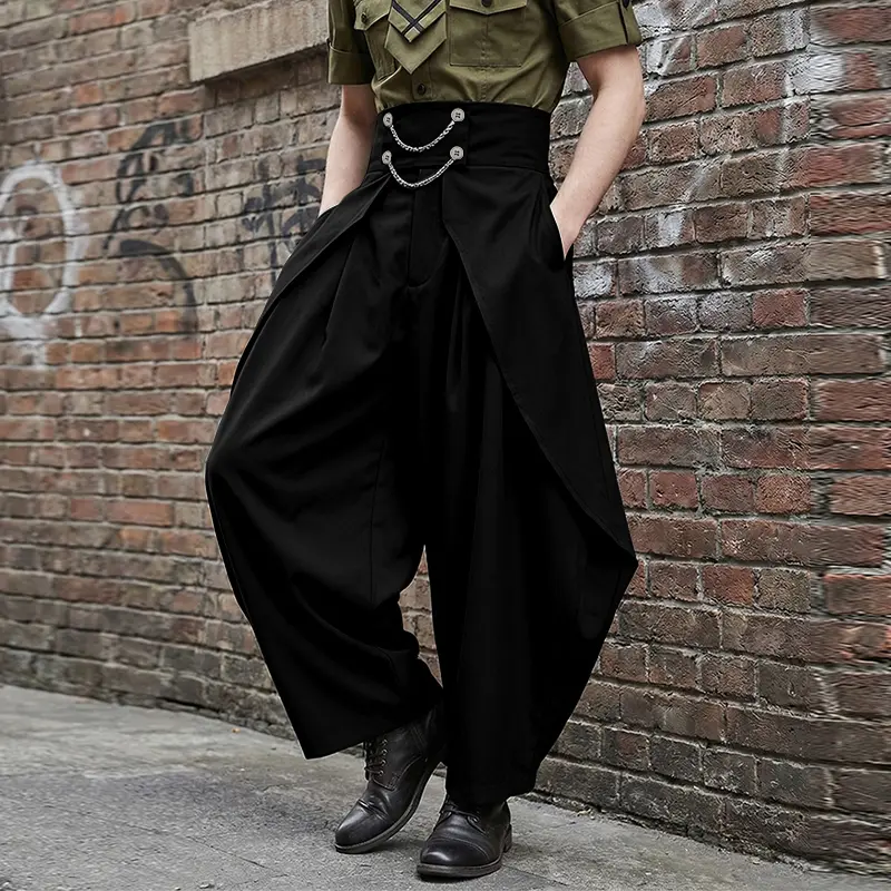 INCERUN Men's Gothic Look Aesthetic Fashion High-Waisted Wide-Leg Cargo Pants - Dark Drape Style, Metal Chain Detail, Urban Streetwear Bottoms for Avant-Garde Art Events