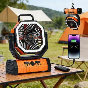 Qawtor 20000mAh Camping Fan with LED Lantern – 360° Rotating Hook + Remote Control,Rechargeable, Dual Motor for Tent/Travel/Power Outages