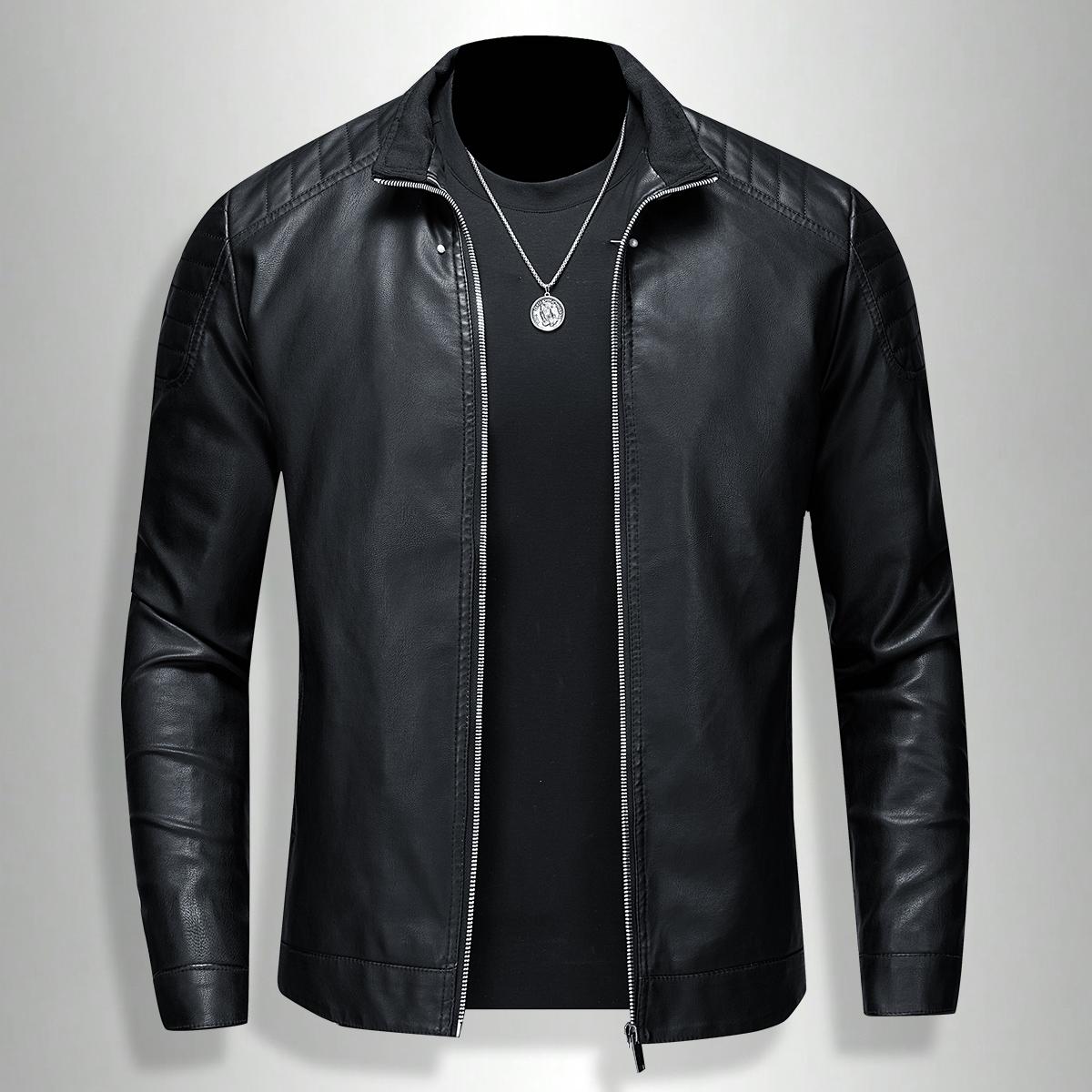 Men'S Slim-Fit Faux Leather Bomber Jacket - Black, Blue, Zip-Up , Long Sleeves, Casual & Versatile for Daily Wear, Casual Outerwear | Minimalist Jacket | Polyester Lined Jacket,  Menswear Tops Coats ,Stylish Zipper