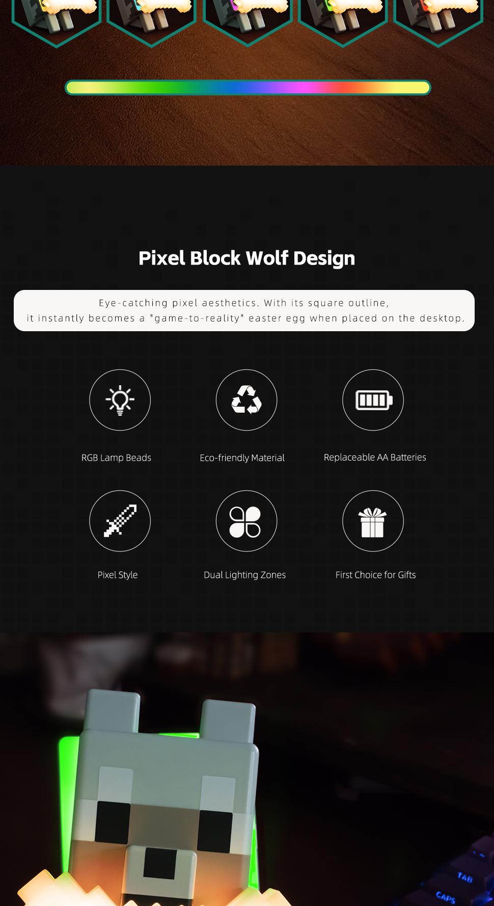 DIYCOM 3D Printing Handmade Pixel Wolf LED Night Light with Glowing Bone and RGB Collar Stylish Room Decor New Year And Valentine's Day Gift