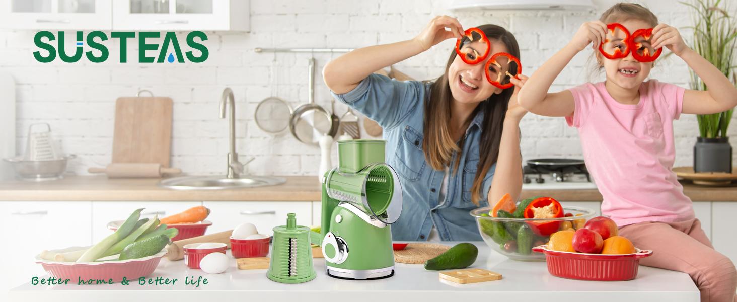 SUSTEAS 6-in-1 Heavy-Duty Cheese Grater & Slicer – Essential Kitchen Gadgets with Suction Base for Safe Veg Prep