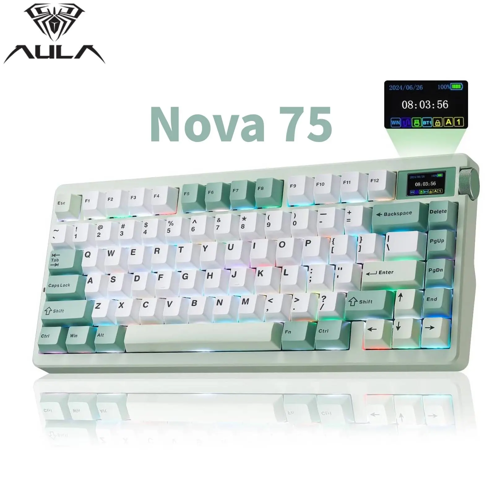 Aula Nova75 Mechanical Gaming Keyboard 8000mAh,Gasket Mounted with 75% Compact Layout,RGB Backlit,Custom Hot Swappable,Bluetooth Wireless /2.4GHz/USB-C Cream Keyboard Gaming for Win/Mac/iOS/Android