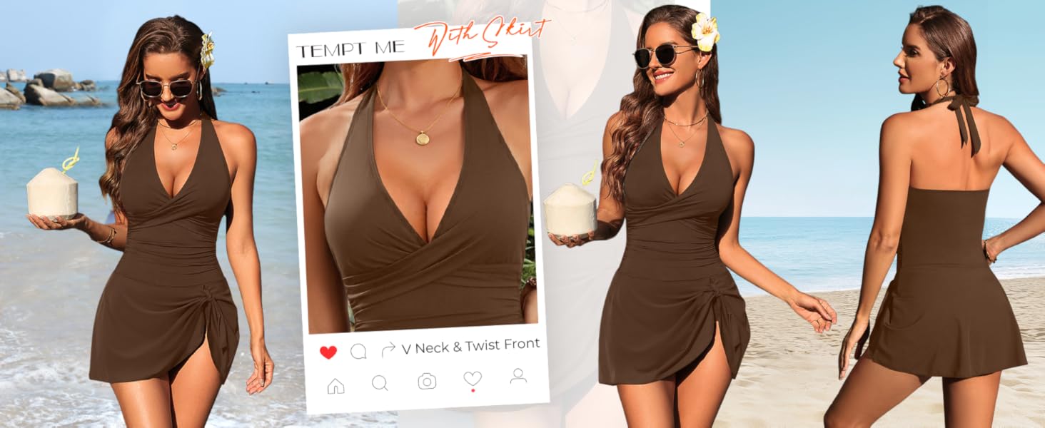 Tempt Me Women One Piece Swim Dress Tummy Control Ruched Swimsuit with Skirt Sexy Wrap Bathing Suit