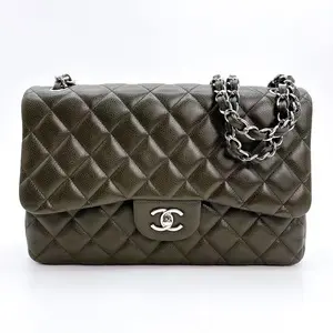 Pre-owned CHANEL leather Crossbody Bags Dark Green Quilted Caviar Classic Jumbo Double Flap Bag