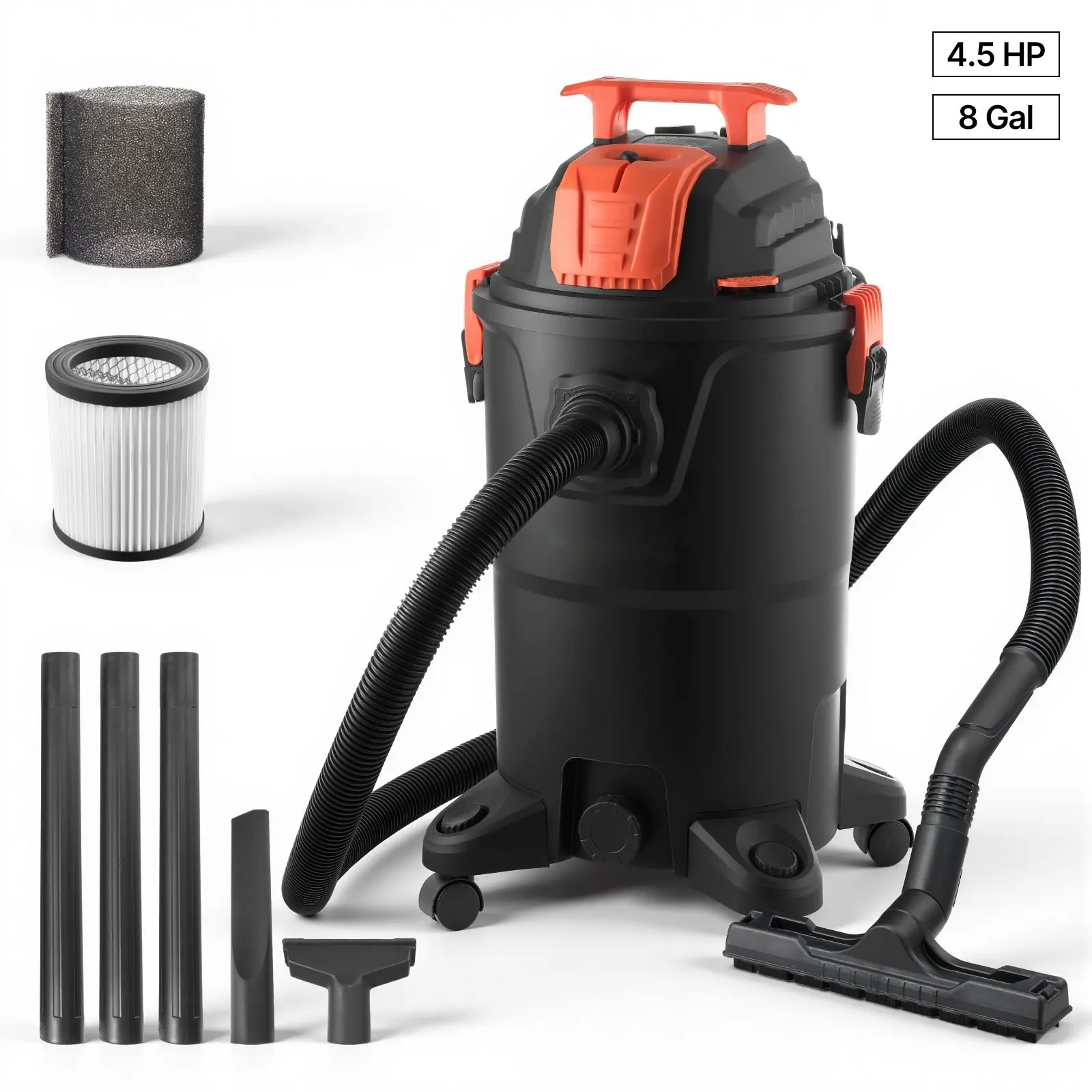8 Gallon Wet-Dry Shop Vacuum Cleaner With 4.5 Peak HP, Portable, One-Button Self-Cleaning, Dual-Filter System, 900W Input Power, 1.25in x 7ft Hose, 9.8ft Cord, For Jobsite, Workshop, Garage, And Home
