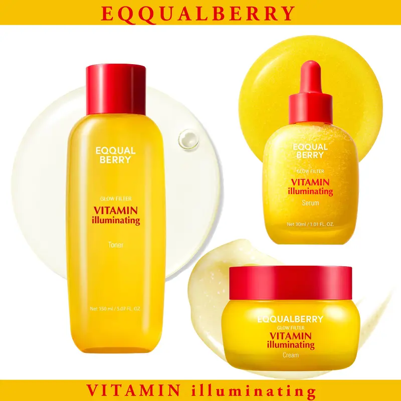 EQQUALBERRY Vitamin Illuminating Skincare Set – Toner + Serum + Cream | Vitamin C & Niacinamide | Targets Dark Spots | Ceramides for Skin Barrier | Lightweight, Glowy Hydration