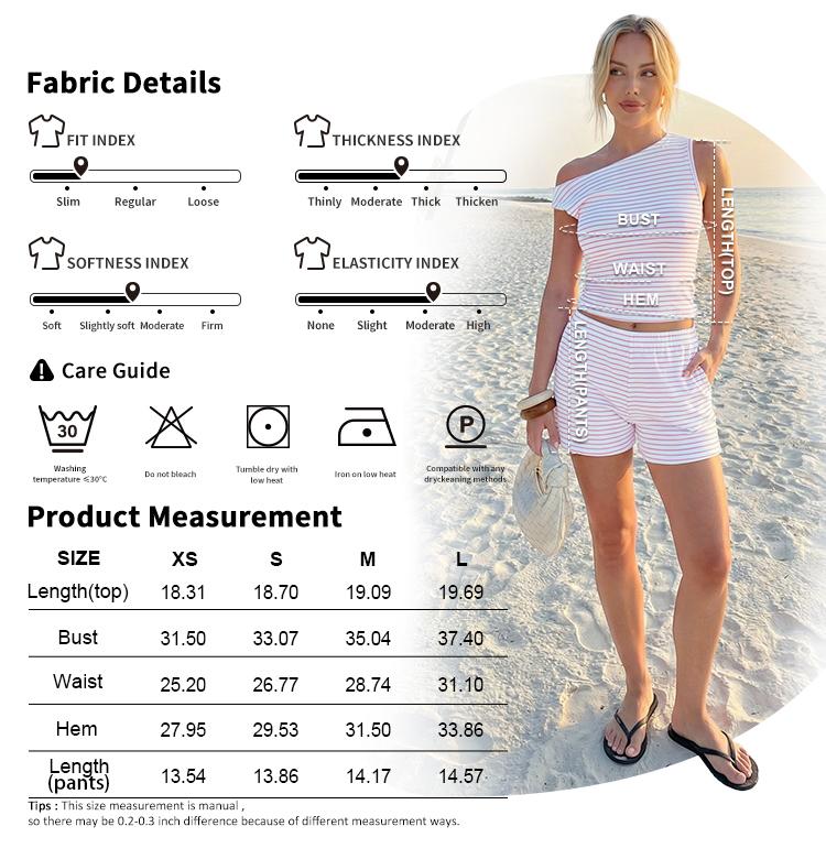 Trendy Queen Women's Striped One Shoulder Two Piece Set - Summer 2026 Viral OOTD Ruched Sleeveless Top & Matching Shorts Vacation Outfit