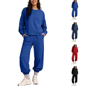 Molitree Women's 2-Piece Loungewear Boxy Boat Neck Long-Sleeve Crop Top & Mid-Rise Wide Leg Jogger Pants with Pockets