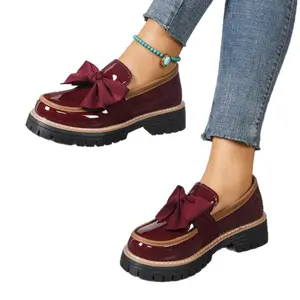 Women Bow Platform Loafers Cute Chunky Slip On Shoes Patent Leather Preppy Style Casual Walking Shoes Non Slip Fashion Loafers