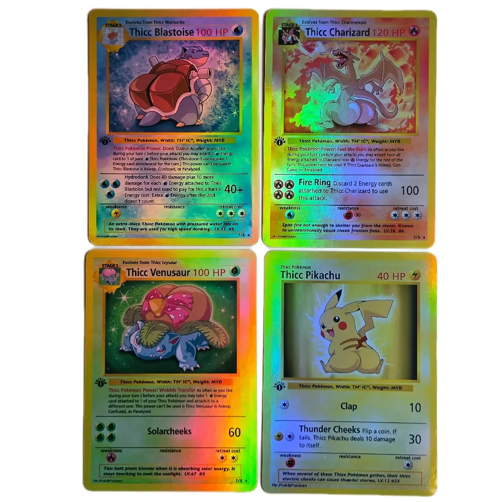 Thicc Kanto Bundle: Charizard, Blastoise, Venusaur, Pikachu - 4 Card Set - Rainbow Holo Finish - NEW: THICC EEEVEELUTION Bundle Custom Pokemon Proxy Cards - Ships Free