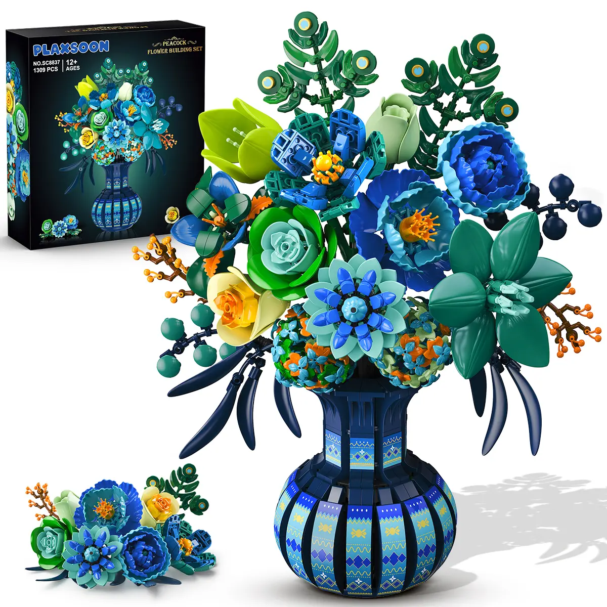 Flowers Building Set with Vase, Valentine's Day Flower Bouquet Botanical Collection Building Block Toy, 1309 PCS Peacock Artificial Plant Bonsai Kit Home Decor, Gift for Her Adults Girls 12+