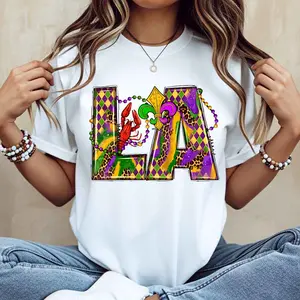 Ladies Casual T-Shirt White La Mardi Gras Leopard Print And Beads Design For Festival Party Wear