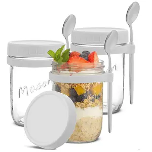 Brightware Dawn Overnight Oats Jars with White Lids & Spoons 16 oz Set of 3 Durable Glass Fridge & Dishwasher Safe BPA-Free