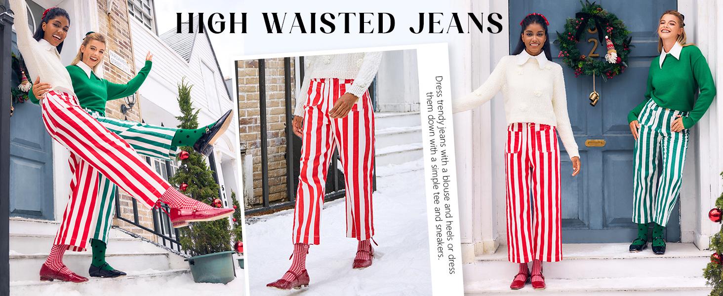 Cicy Bell Womens Cropped Striped Jeans Casual High Waisted Stretchy Straight Leg Denim Pants with Pockets