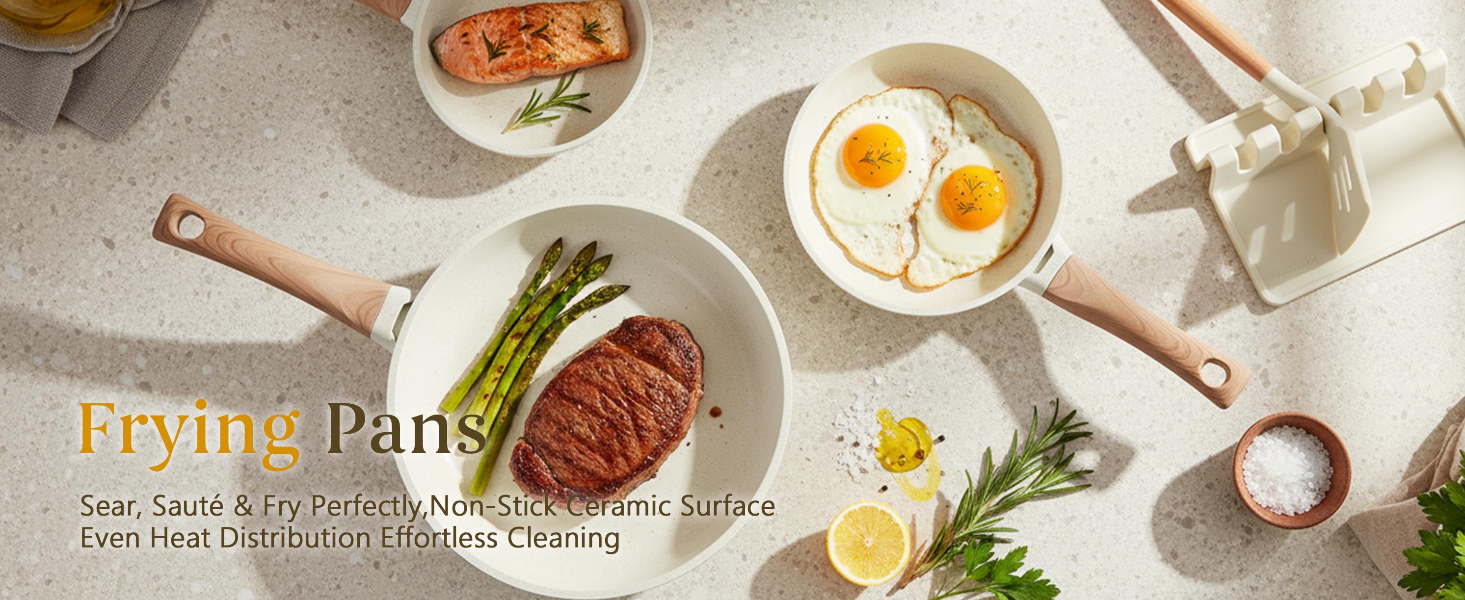 USELUCK Pots and Pans Set Non Stick Non-Toxic 22 Pcs Ceramic Cookware Sets Nonstick Kitchen Pot&Pan With Lid Cream White Granite Induction Compatible with Glass Lids Crepe Frying Pan PFOA/PFOS-Free