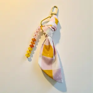 Pink Plaid Silk & Gemstone Bag Charm