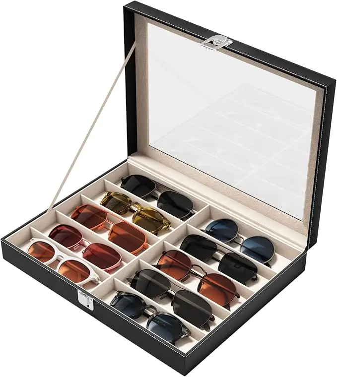 10-Slot Velvet & Leather See-Through Eyeglass Organizer, Water-Proof Multi-Compartment Storage Display Case, Ideal Gift for Women
