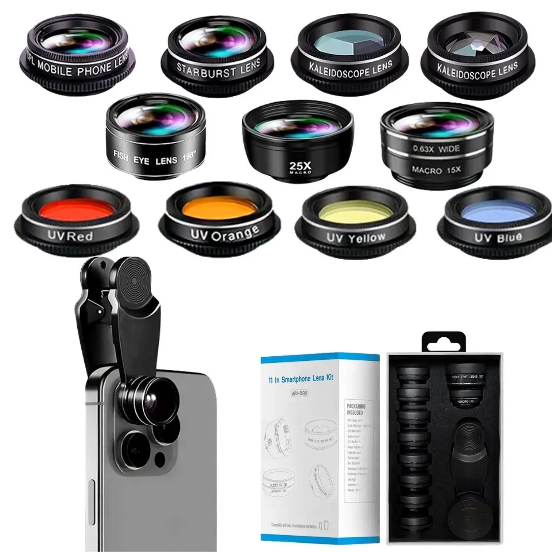 11-in-1 Mobile Lens Bundle - Wide-angle&Macro Lens, Fisheye Lens, Kaleidoscope Filter, Polarizing Filter, Starburst Filters, and More for iPhone and Android Phones - Camera Phone Accessories, Cell Phone Accessories, For UGC Creators, Christmas Gift
