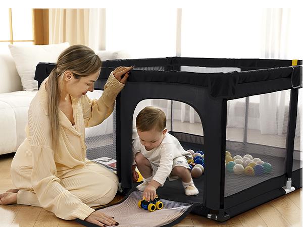 Dearlomum 50"x50"/71"x59" Extra Large Baby Playpen for Babies & Toddlers Safe Activity Center with Soft Play Fence Indoor Safety Yard Easy to Assemble Clean Nonremovable Waterproof Thick Mat  Black/Gray