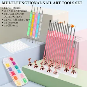 25PCS Nail Art Tools Set, Includes Nail Art Brushes, Nail Stand, Dotting Tools, Striping Liner Fingernail Drawing Pens, Jelly Glue, tweezers, Sequins, Professional Nail Art Supplies Kit