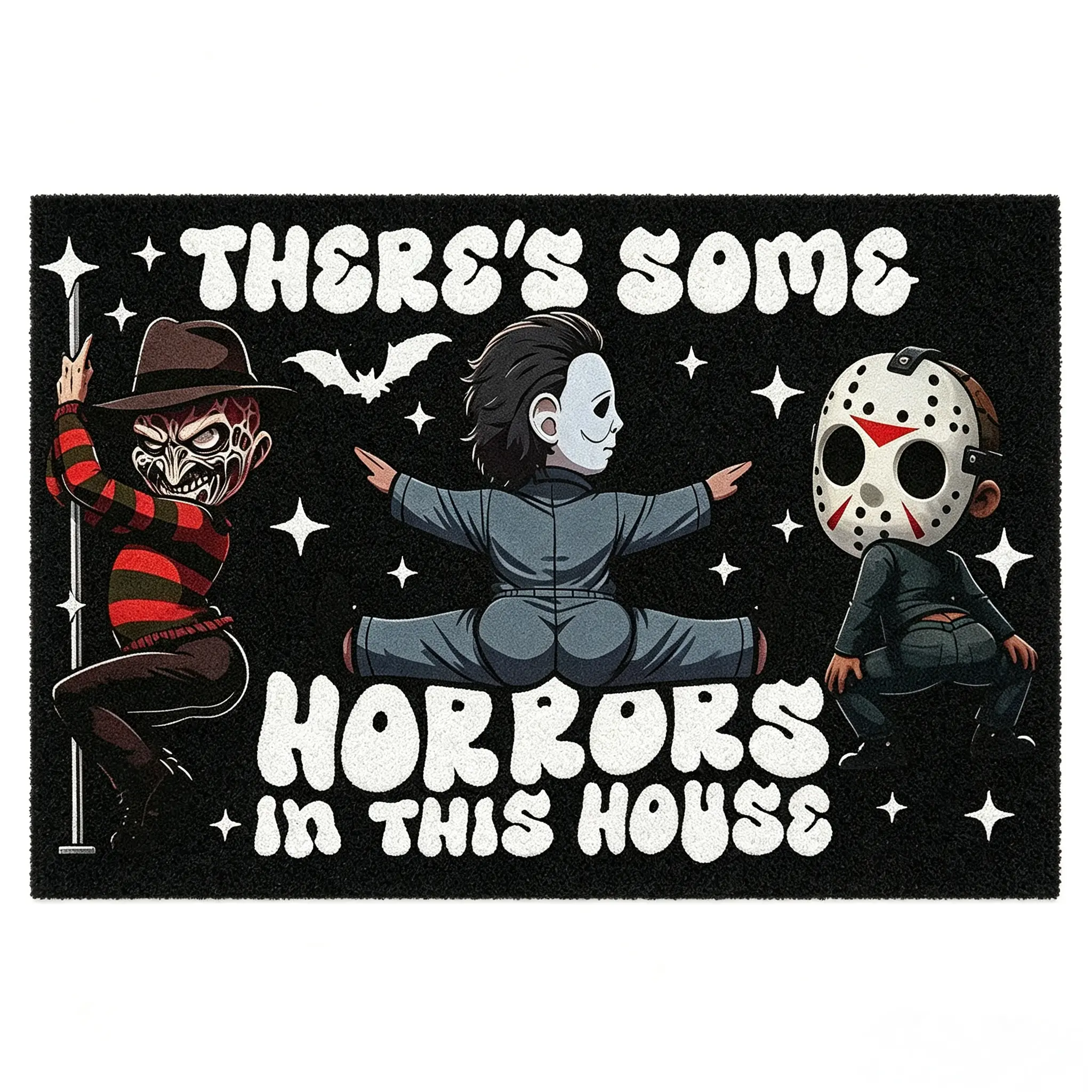 Funny Horror Movie Characters Non-Slip Doormat - "There's Some Horrors In This House" Decorative Indoor Porch Mat for Halloween, Scary Movie Fans