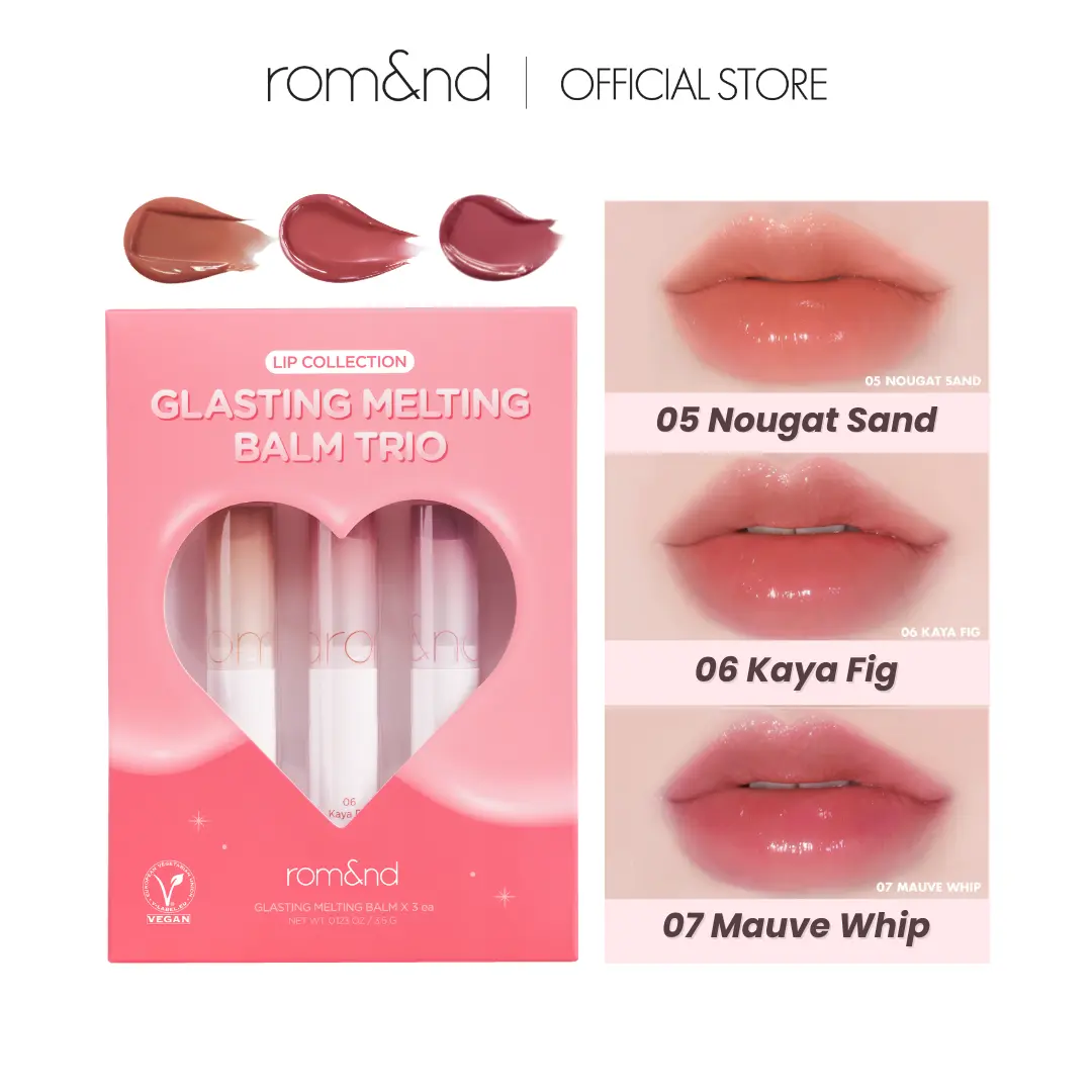 rom&nd Glasting Melting Balm Trio Set - Vegan Cosmetic Lip Moisturizer, Hydrating Beauty Selfcare Product with Dewy-Glossy Lips Finish, Includes 3 Shades: Nougat Sand, Kaya Fig, Mauve Whip, Lip Care