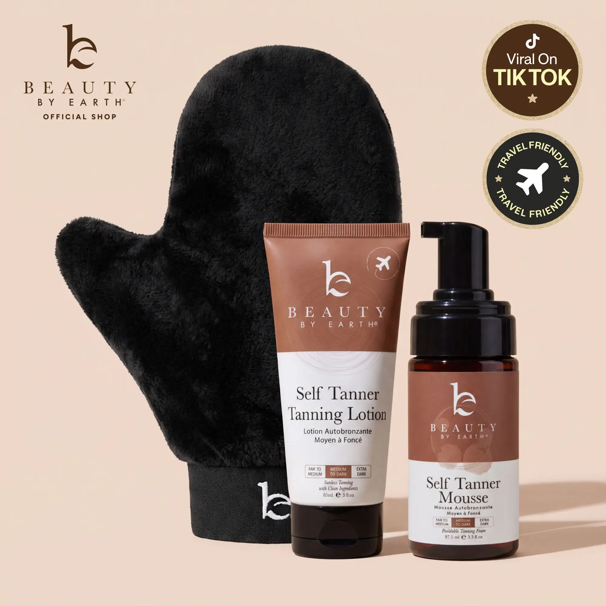Beauty by Earth Ultimate Self Tanner Mousse & Lotion Discovery Kit - Sunless Tanning Travel Size Mousse and Travel Size Lotion with Applicator Mitt for First-Timers, Sensitive Skin Streak-Free Bronze Moisturizing Tan with Aloe Vera Made in USA