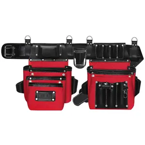 FUERI Tool Belt for Men, Heavy Duty Nylon and Leather 26 Pockets Red comes with Comfort Padded Belt,Spacious Pouches,Hammer Holder and Suspender Loops and 2 Suspender bundle styles for Carpenter Construction Electrician
