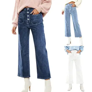 Mundoven Wide Leg Jeans for Women High Waisted Stretchy Straight Leg Cropped Denim Pants Buttoned Baggy with Patch Pockets