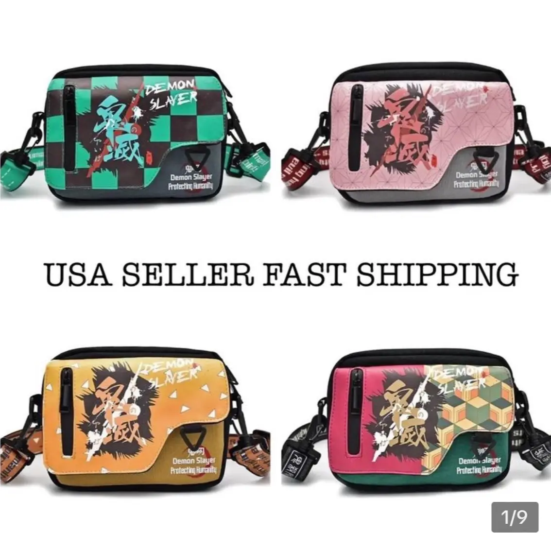 Anime Messenger Bag - Small Compact Size - Side Shoulder Crossbody - Character - Tanjiro Kamado, Nezuko Kamado, Zenitsu Agatsuma, Giyu Tomioka - Pattern Symbol Logo - Japanese Manga Fashion Design Art - Back to School Travel Work Book Satchel