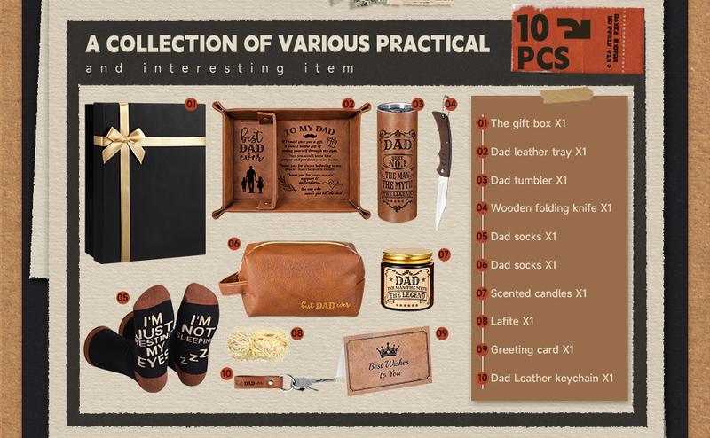 10 Pcs Valentine Gift for Men Dad Gift Set with Leather Tray Tumbler Toiletry Travel Bag Sock Scented Candle Wood Knife, Leather Gift Box From Son Daughter Wife for Father's Day Holiday Anniversary Birthday
