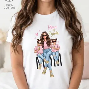 Cotton Short Sleeve T-Shirt Mom of Girls Cartoon Printed T-Shirt, Y2K Style, Short Sleeve, Crew Neck, Polyester, Mother'S Day Gift Lightweight fabric for warm weather