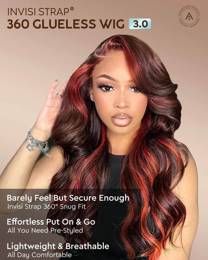 [Fall Color] Salon Layer Cut Ginger Highlights On Brown Hair 360 Lace Frontal Invisi Strap Skin Lace Invisi Drawstring Snug Fit Body Wave Human Hair Wig Holiday Haul