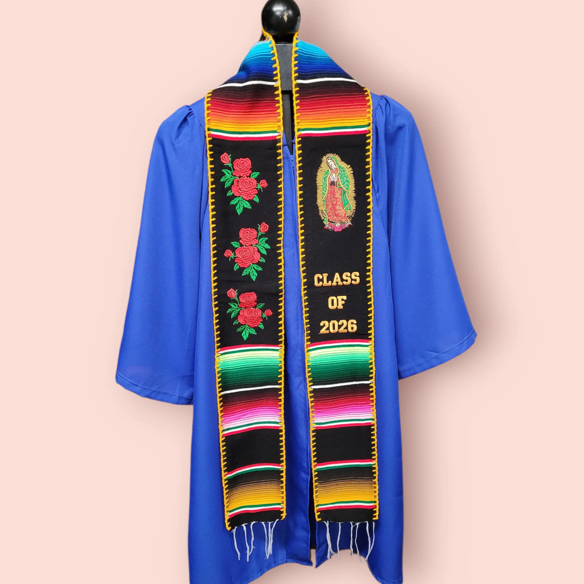 Virgen de Guadalupe/Roses Class of 2026 with gold edges Mexican Sarape Graduation Stole mexican stole