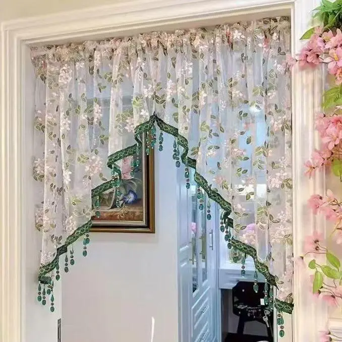 Hole-free French floral door curtains | Luxurious lace curtains with hanging crystal beads, ideal for decorating rented properties
