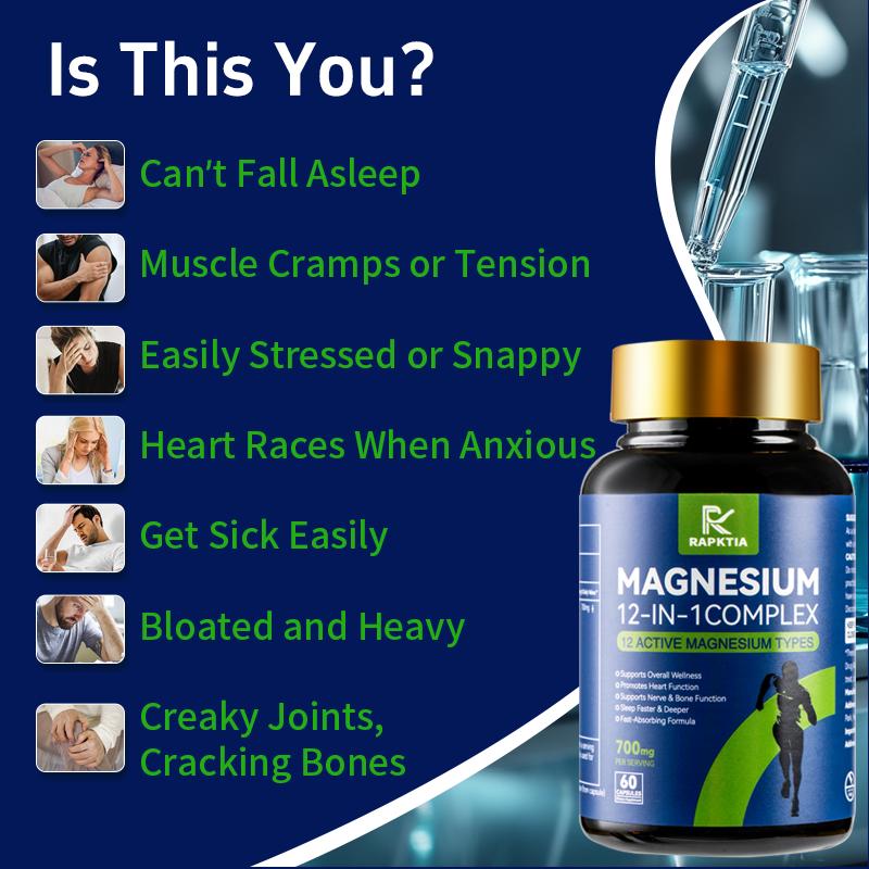 12-in-1 Essential Magnesium Complex 700mg, Supports Better Sleep & Stress Relief, Heart & Bone Health Support, High-Absorption Formula with Chrono-Mag Technology, 60 Capsules, Perfect Christmas Gift