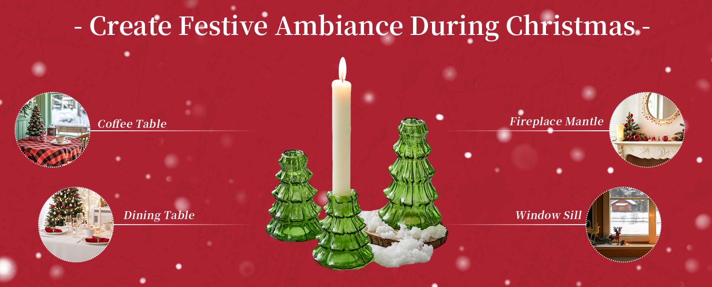 NUPTIO Christmas Tree Candle Holder: 3 Pcs Green Glass Candlestick Holders, Indoor Christmas Oraments, Taper Candle Holders for Table Centerpiece Dinner Gathering Party Home Decor