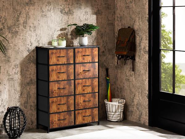 Sweet Furniture S - Tall Fabric Storage Tower Dresser with 10 Drawers and Wood Top for Bedroom