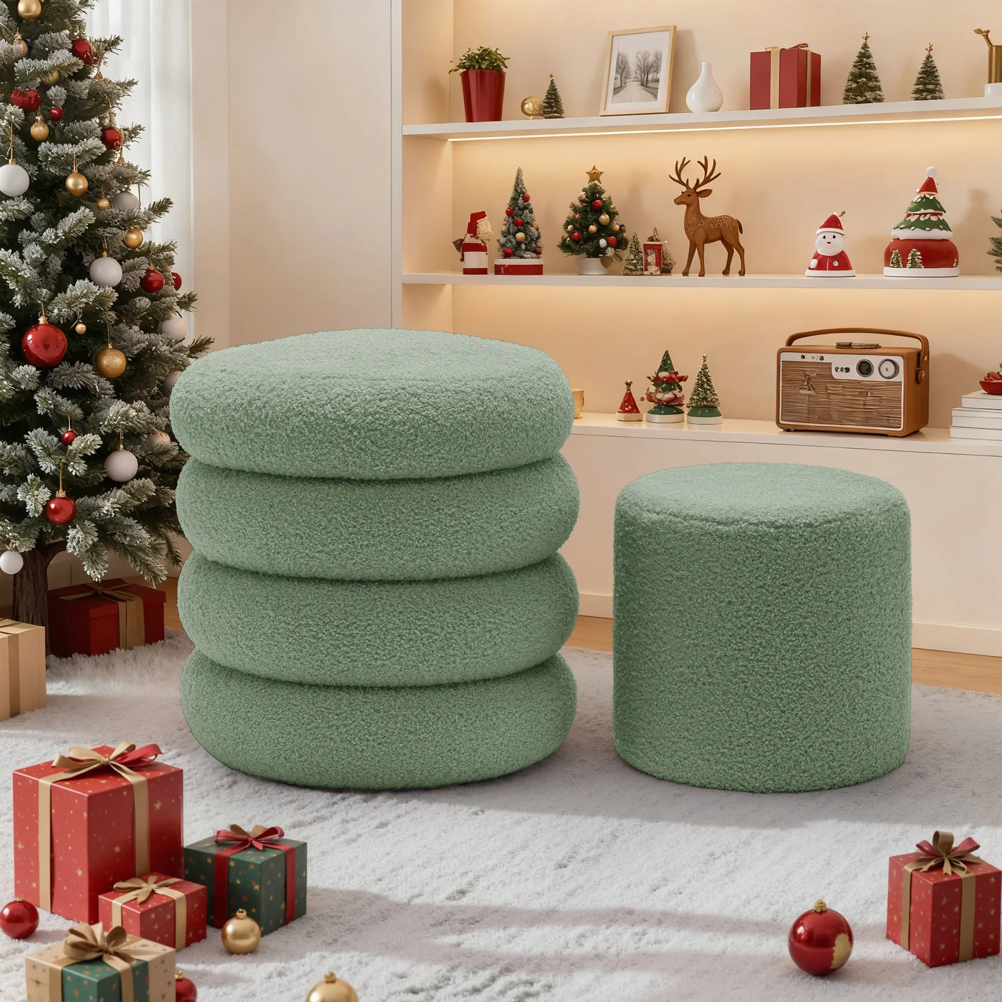 The Four-ring Design Round Ottoman Teddy Velvet Upholstered with Storage for Living Room and Bedroom Set of 2 Foot Rest Stool