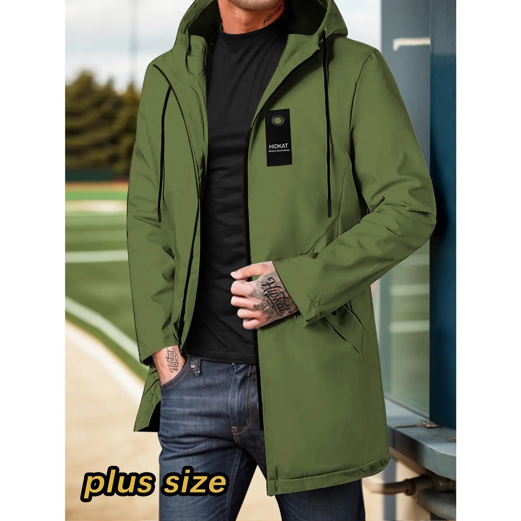 Multi colored American outdoor plus size windproof workwear coat Men's large hooded mid length trench coat Men's plus size fashionable commuting windproof hooded jacket