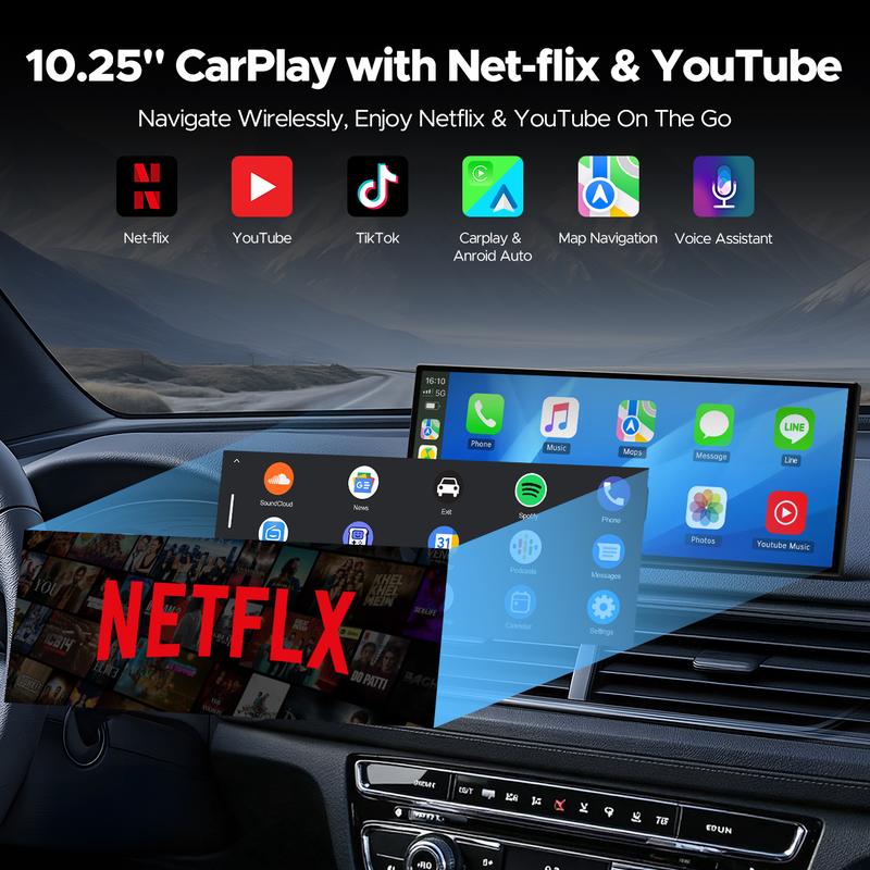 【JumpstartSale】VOLAM 10.25" Wireless CarPlay Screen — Supports Netflix, YouTube, TikTok apps, 720P Parking Backup Camera, split-screen app display, ideal for navigation and in-car entertainment Compatible with iPhone 8–15+ and Android 11+