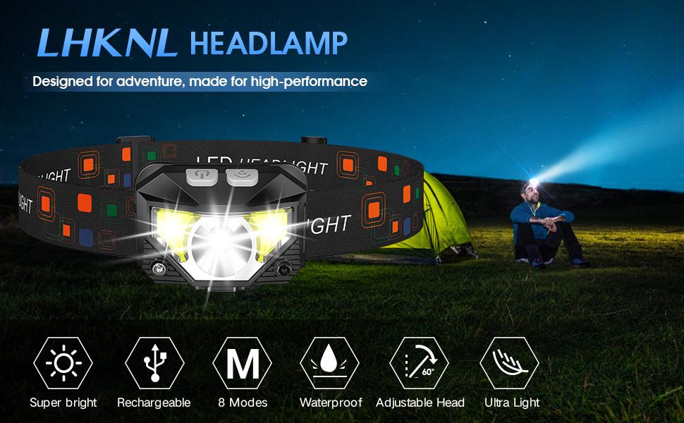 LHKNL Headlamp Flashlight, Lumen Ultra-Light Bright LED Rechargeable Headlight with White Red Light, 2-Pack Waterproof Motion Sensor Head Lamp,8 Modes for Outdoor Camping Running Hiking Fishing